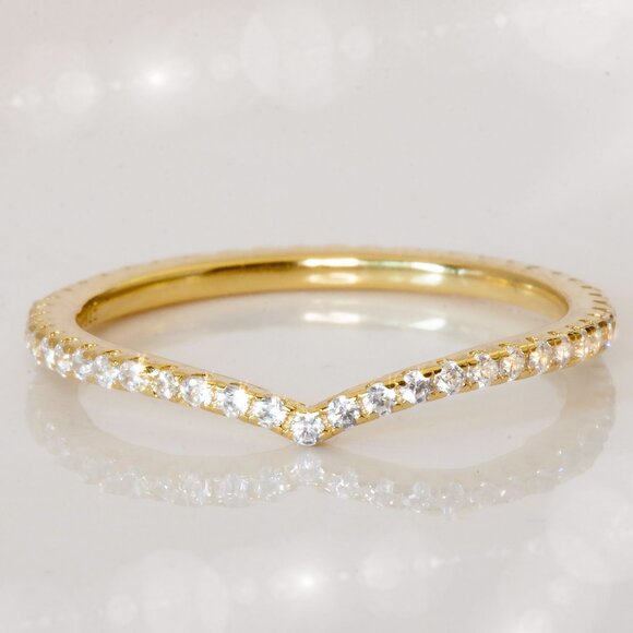 Gold Simulated Diamond Chevron Stacking Band Ring, CZ Dainty Stacking Band Rings - Picture 1 of 7
